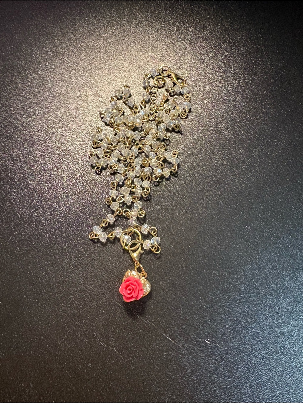 Gold Crystal Chain Necklace with Pink Rose Charm